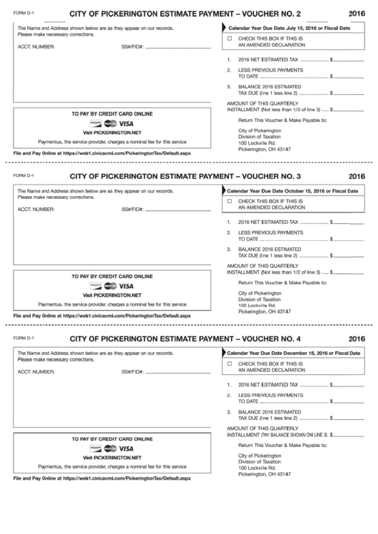 Fillable Form D1 City Of Pickerington Estimate Payment Voucher