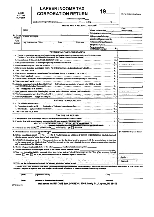 Form L-1120 - Lapeer Income Tax Corporation Return Printable pdf
