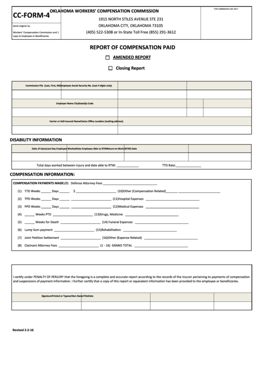 Fillable Cc-Form-4 - Report Of Compensation Paid - Oklahoma Workers