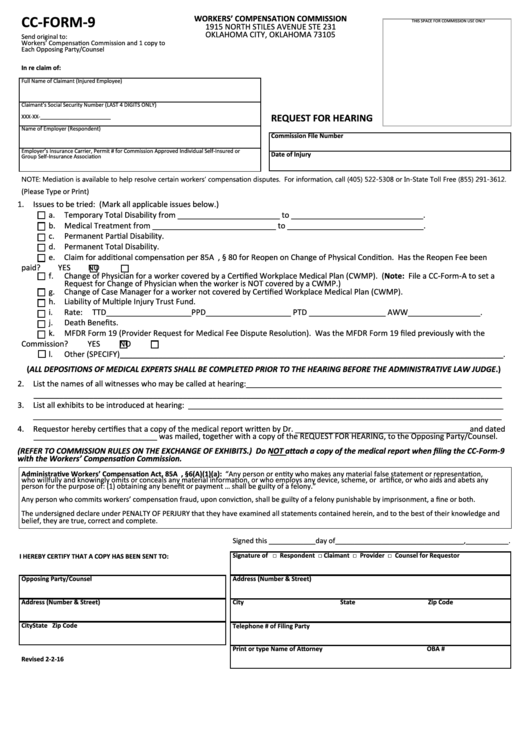 Fillable Form Cc-Form-9 - Request For Hearing - Oklahoma Workers