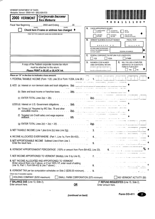 Form Co-411 - Corporate Income Tax Return - Vermont Department Of Taxes - 2000 Printable pdf