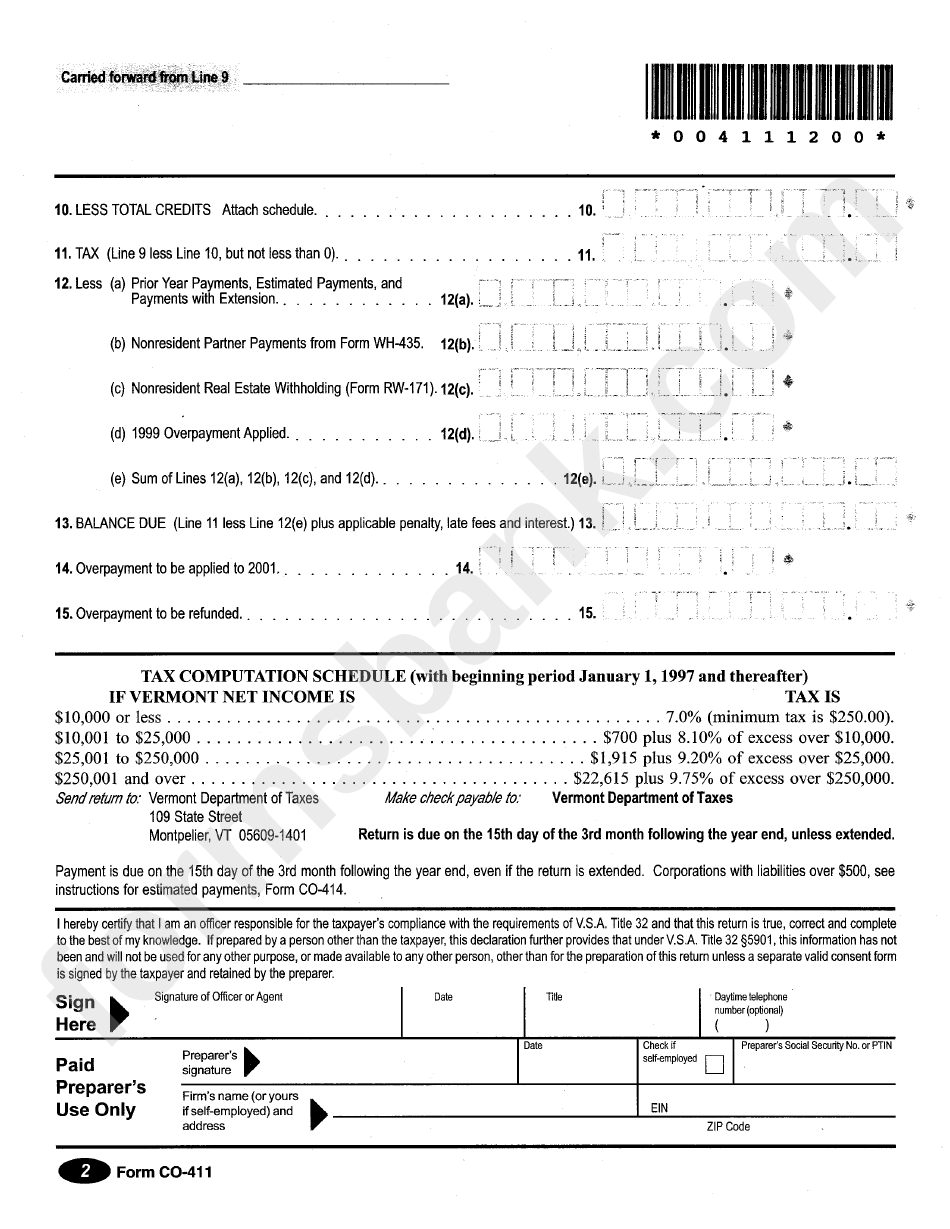 Form Co-411 - Corporate Income Tax Return - Vermont Department Of Taxes - 2000