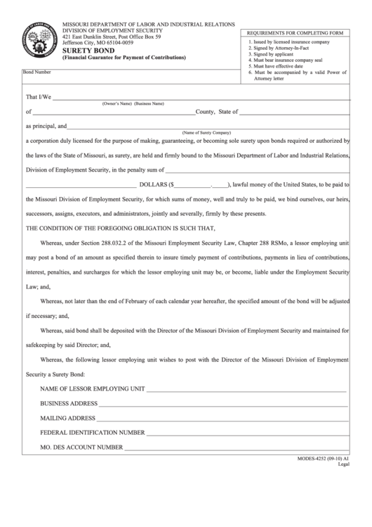 Form Modes-4252 - Surety Bond (Financial Guarantee For Payment Of Contributions) Printable pdf