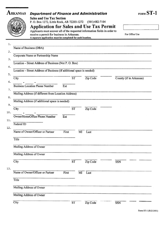 Form St-1 - Application For Sales And Use Tax Permit - Little Rock - 2001 Printable pdf