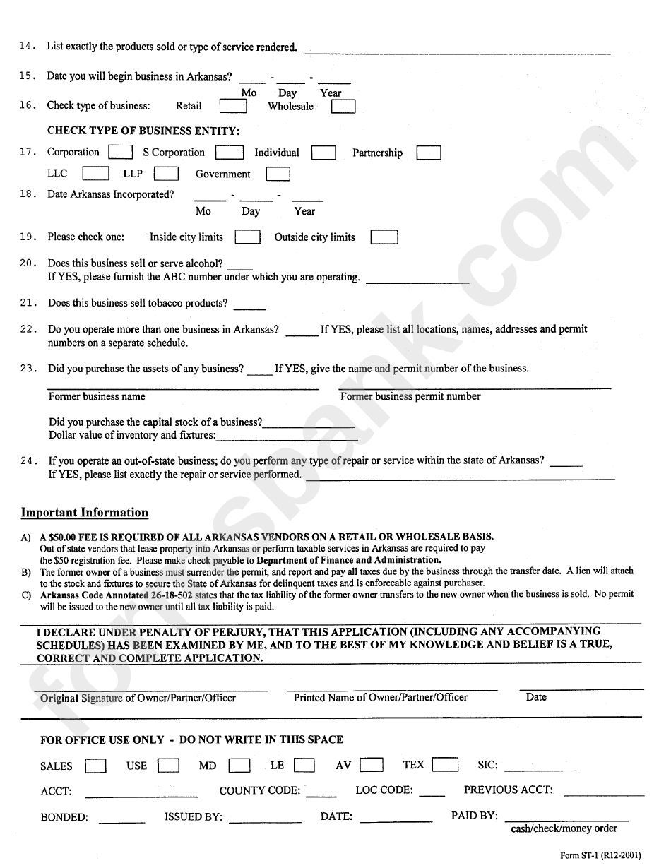 Form St-1 - Application For Sales And Use Tax Permit - Little Rock - 2001