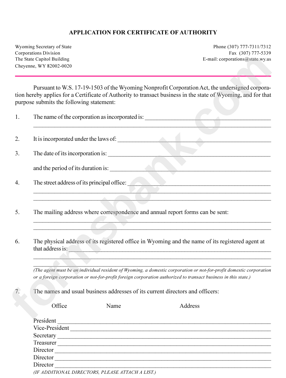 Application For Certificate Of Authority - Wyoming Secretary Of State