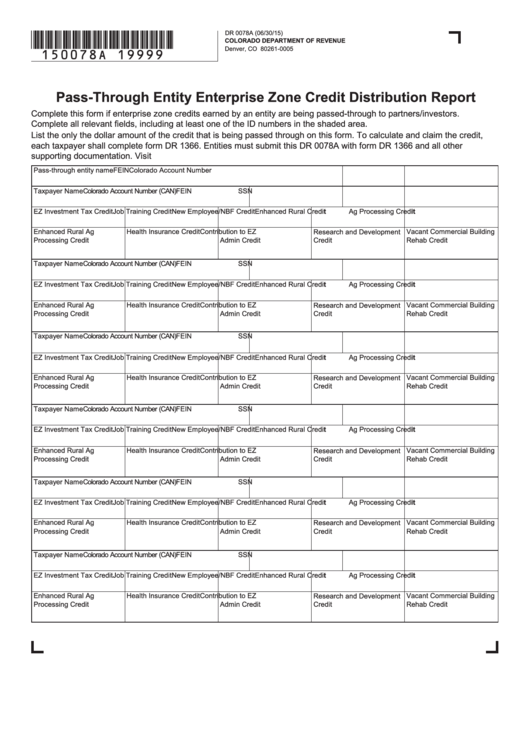 Form Dr 0078a - Pass-Through Entity Enterprise Zone Credit Distribution Report - Colorado Department Of Revenue Printable pdf