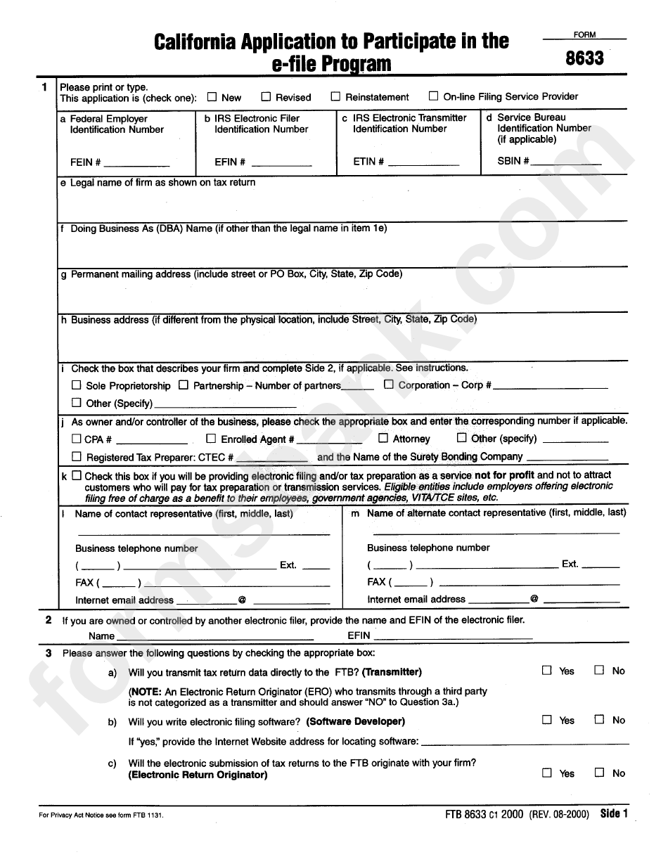 Form 8633 - California Application To Participate In The E-File Program