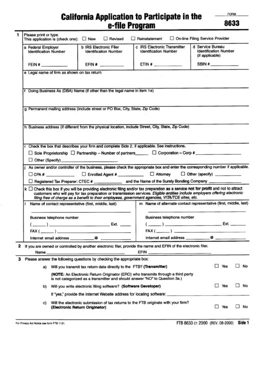 Form 8633 - California Application To Participate In The E-File Program Printable pdf