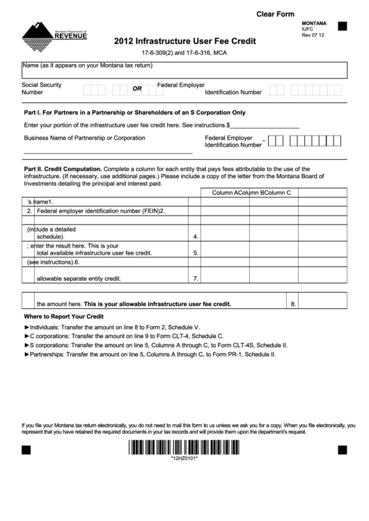 Fillable Form Iufc - Infrastructure User Fee Credit - 2012 Printable pdf