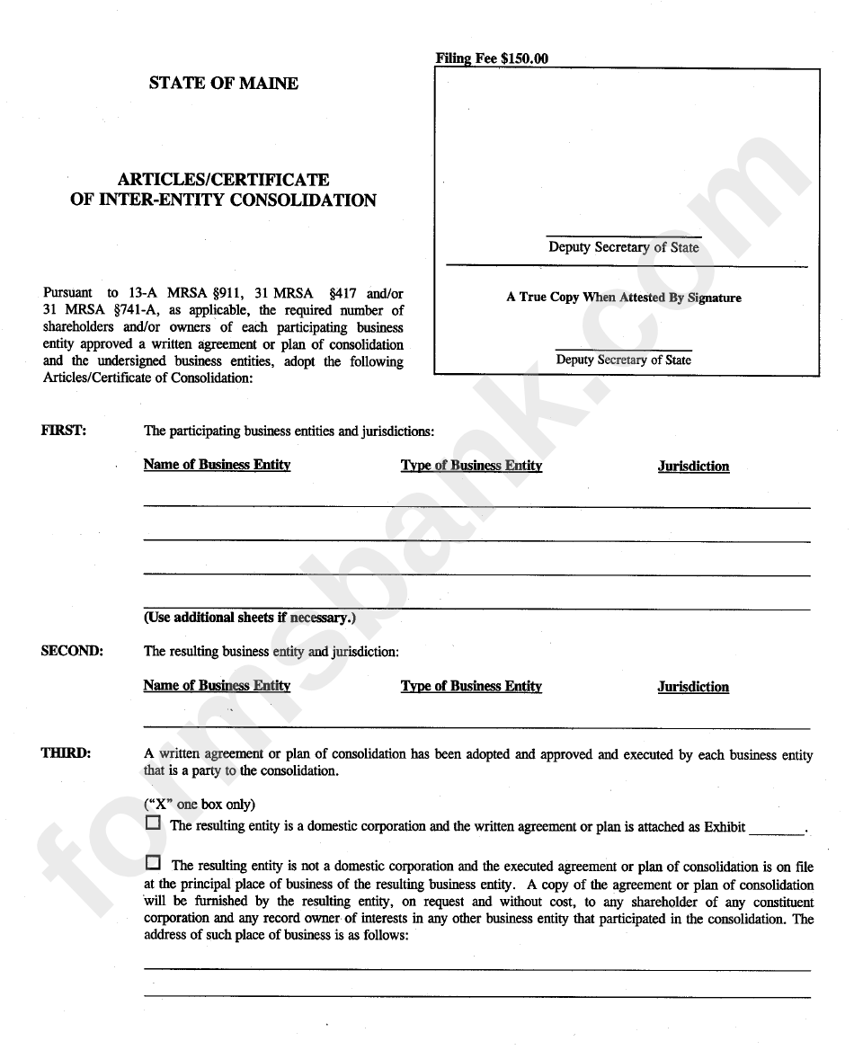 Form Cons - Articles/certificate Of Inter-Entity Consolidation - Maine Secretary Of State