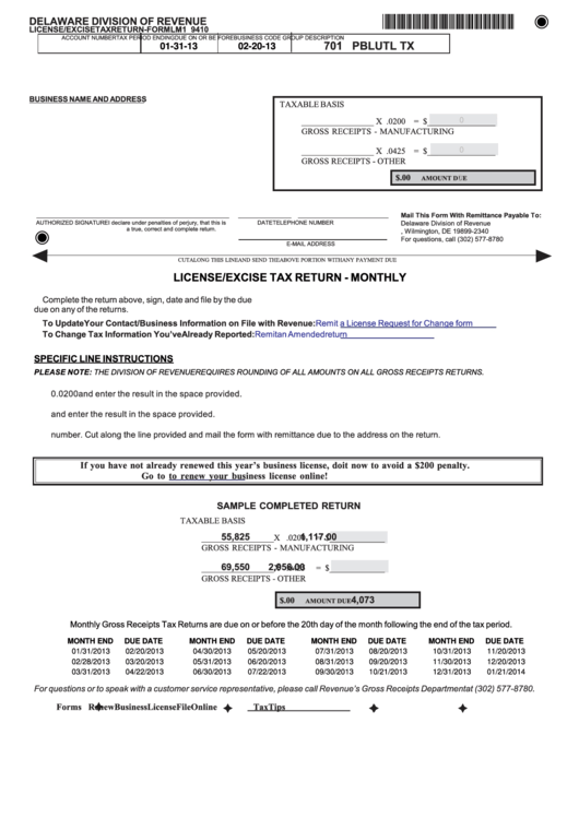 Fillable Form Lm1 9410 - License/excise Tax Return - 2013 Printable pdf