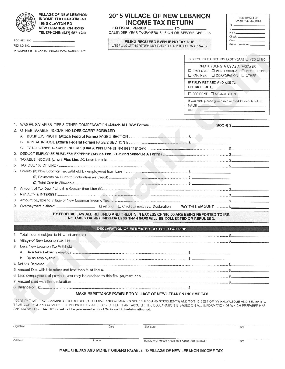 Village Of New Lebanon Tax Return Tax Department 2015