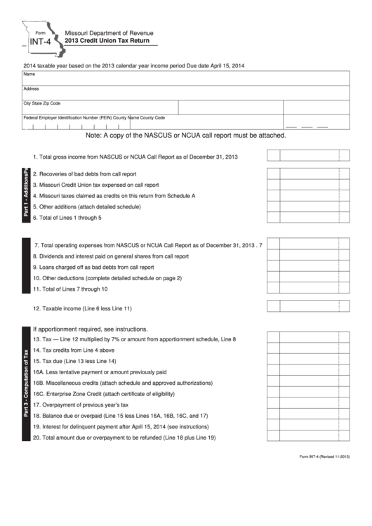 Fillable Form Int-4 - Credit Union Tax Return - 2013 Printable pdf