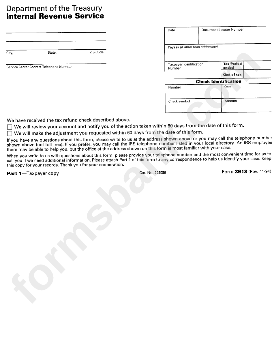 Form 3913 - Request For Refund Check Cancellation