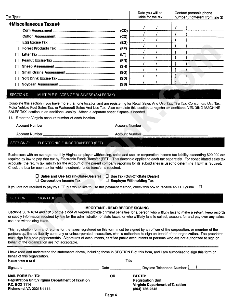Form R-1 - Business Registration Application - Virginia Department Of Taxation