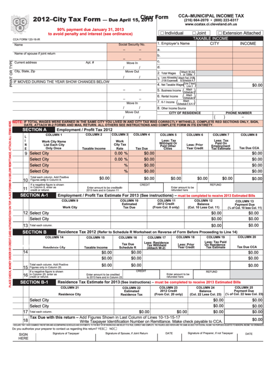 Fillable Cca Form 120-16-Ir - 2012-City Tax Form - State Of Ohio Printable pdf