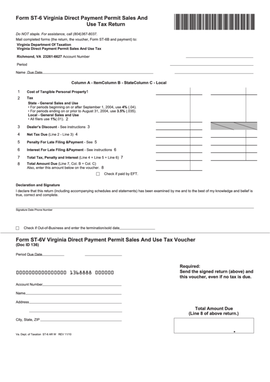 Fillable Form St-6 - Virginia Direct Payment Permit Sales And Use Tax Return - 2010 Printable pdf