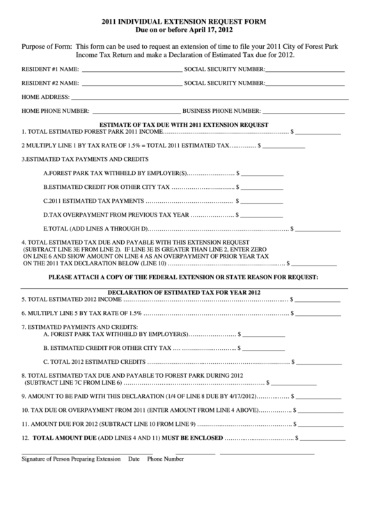 2011 Individual Extension Request Form Printable pdf