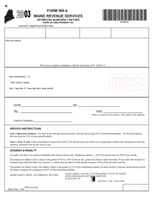 Form Ins-6 - Estimated Quarterly Return Surplus Lines Premium Tax - 2003 Printable pdf