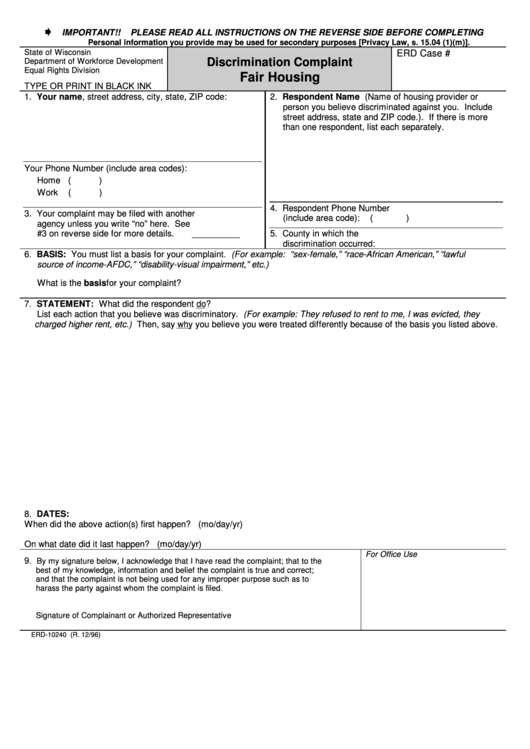 Form Erd-10240 - Discrimination Complaint Fair Housing - 1996 Printable pdf