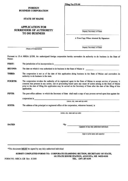 Form Mbca-12b - Application For Surrender Of Authority To Do Business - Maine Secretary Of State Printable pdf
