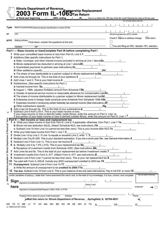 Form Il-1065 - Partnership Replacement Tax Return - 2003 Printable pdf