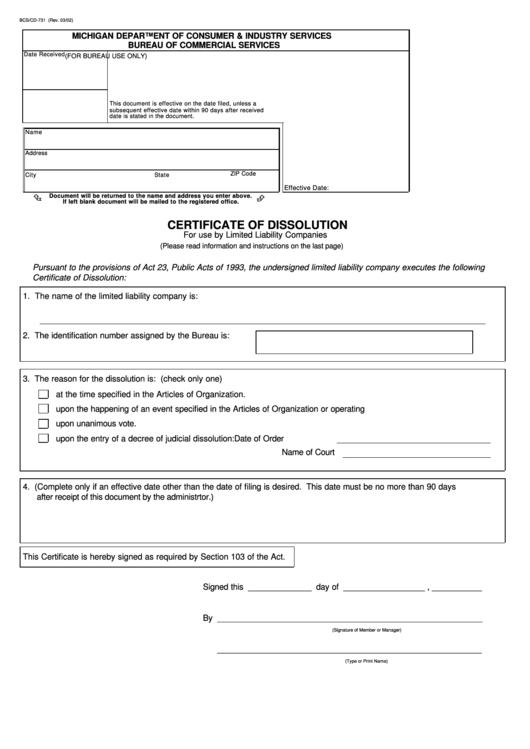 Fillable Form Bcs/cd-731 - Certificate Of Dissolution Printable pdf