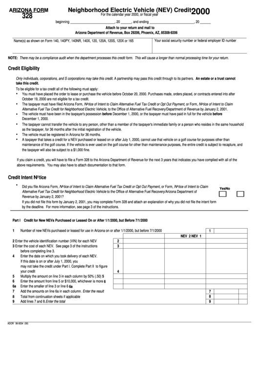Form 328 - Neighborhood Electric Vehicle (Nev) Credit - Arizona Department Of Revenue, 2000 Printable pdf