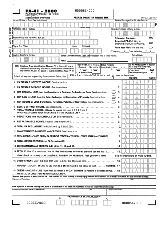 Form Pa-41 - Fiduciary Income Tax Return - 2000 Printable pdf
