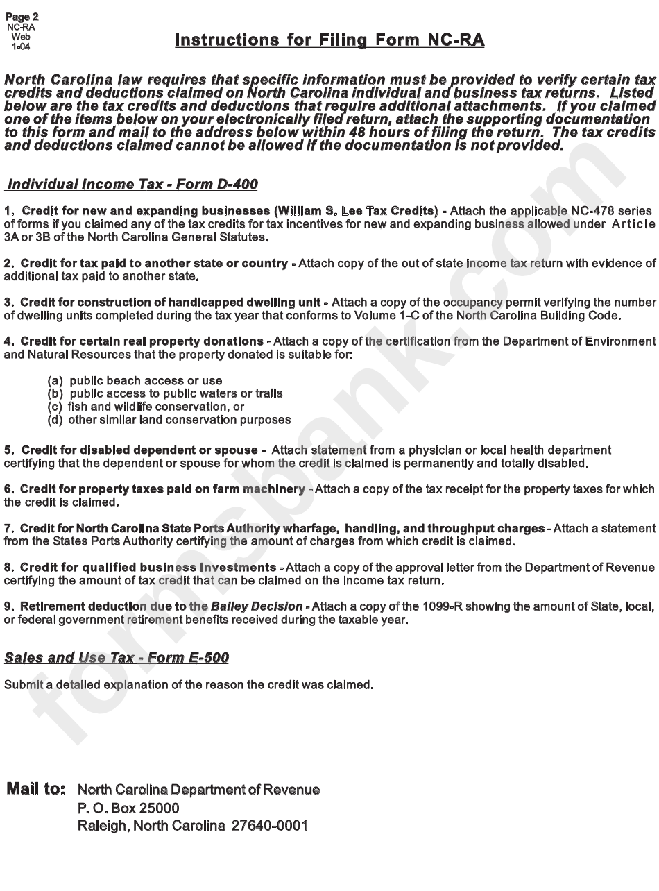 Instructions For Filling Form Nc-Ra - North Carolina Department Of Revenue