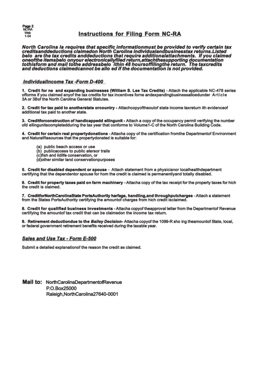 Instructions For Filling Form Nc-Ra - North Carolina Department Of Revenue Printable pdf
