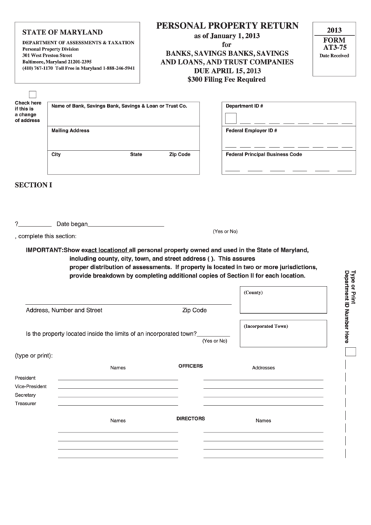 Form At3-75 - Personal Property Return - 2013 Printable pdf