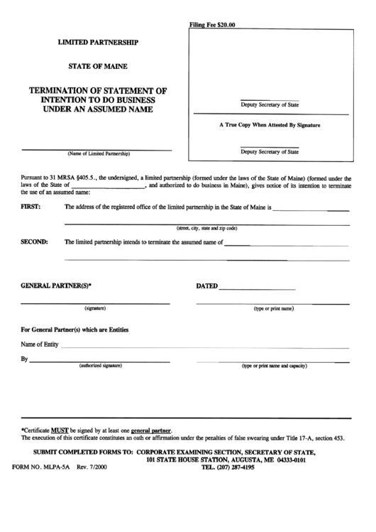 Form Mlpa-5a - Termination Of Statement Of Intention To Do Business Under An Assumed Name - Maine Secretary Of State Printable pdf