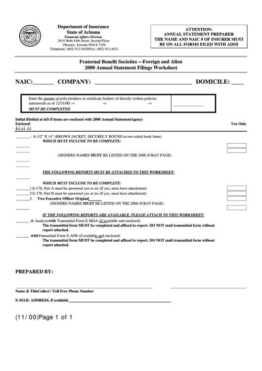 Form E-Fraternal.as - Fraternal Benefit Societies - Foreign And Alien - Annual Statement Filings Worksheet - 2000 Printable pdf
