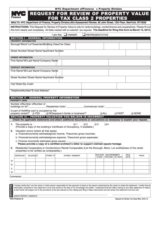 Form Request For Review Of Property Value For Tax Class 2 Properties Printable pdf