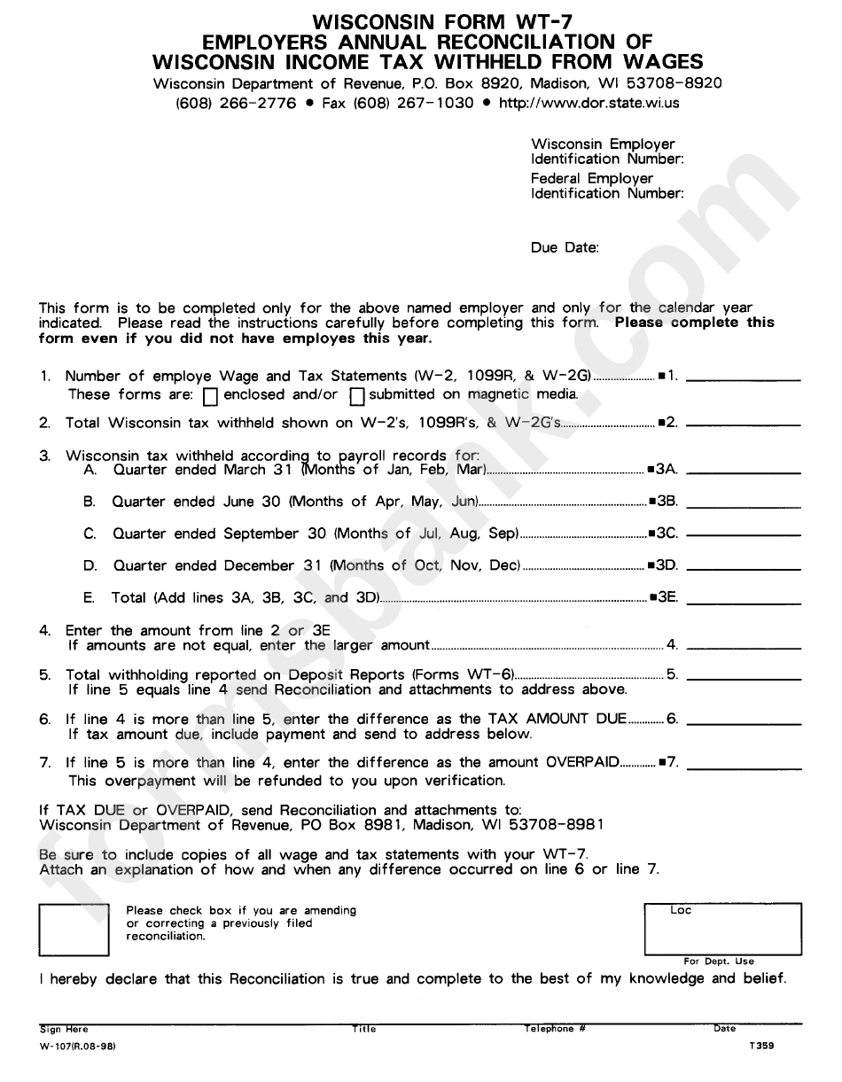 Form Wt-7 - Employers Annual Reconciliation Of Income Tax Withheld From Wages - Wisconsin Department Of Revenue