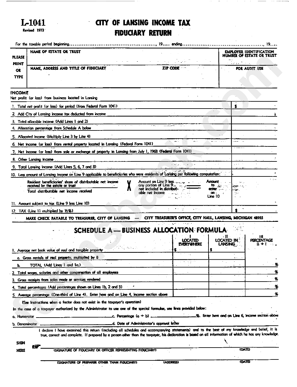 Form L-1041 - Income Tax Fiduciary Return - City Of Lansing