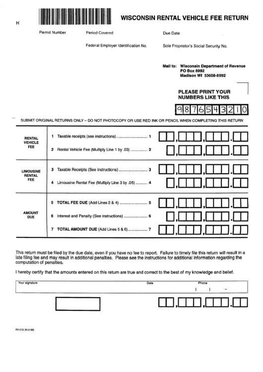 Form Rv-012 - Wisconsin Rental Vehicle Fee Return - 1998 Printable pdf