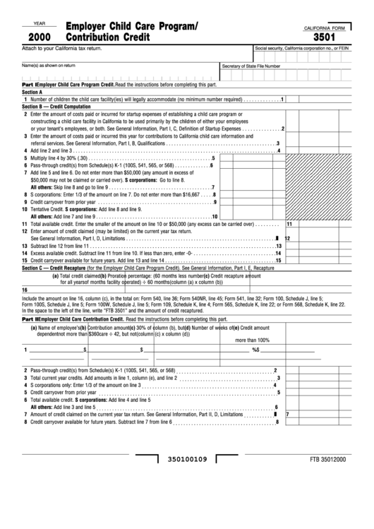Form 3501 - Employer Child Care Program/ Contribution Credit - 2000 Printable pdf