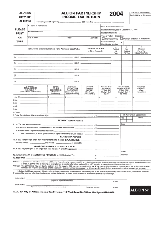Form Al-1065 - Albion Partnership Income Tax Return - 2004 Printable pdf