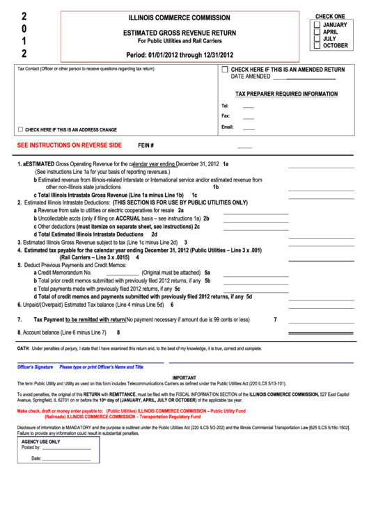 Estimated Gross Revenue Return Form - Illinois Commerce Commission - 2012 Printable pdf