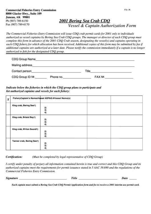 Vessel & Captain Authorization Form - Alaska Commercial Fishery Entry Comission, 2001 Printable pdf