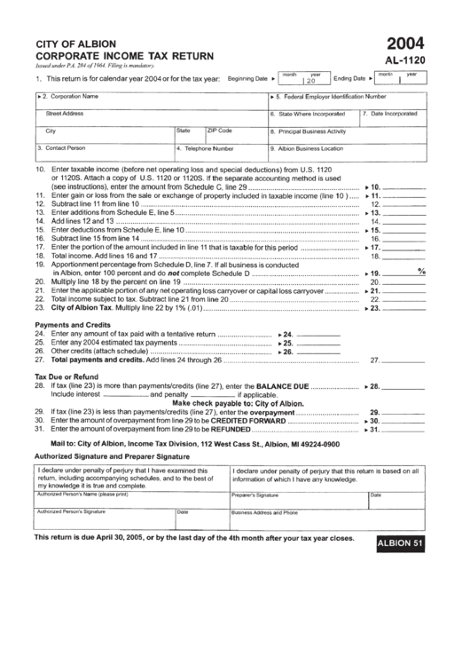 Form Al-1120 - Corporate Income Tax Return - City Of Albion - 2004 Printable pdf