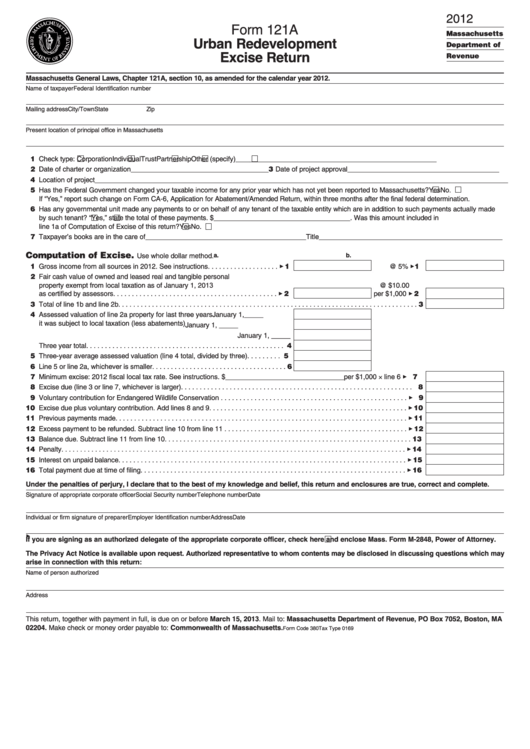 Form 121a - Urban Redevelopment Excise Return - 2012 Printable pdf