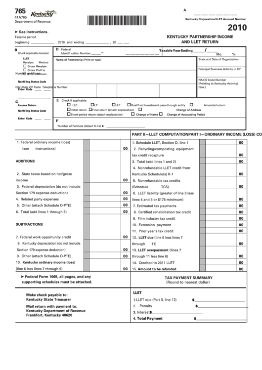 Form 765 - Kentucky Partnership Income And Llet Return - 2010 Printable pdf