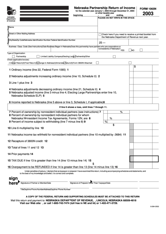 Form 1065n - Nebraska Partnership Return Of Income - 2003 Printable pdf