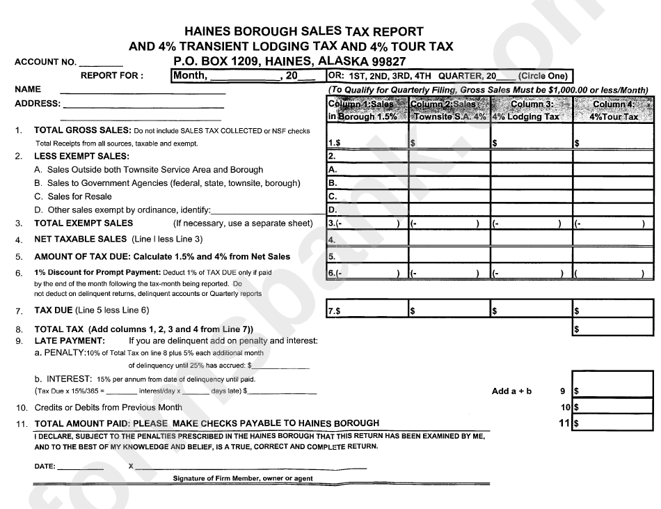 Sales Tax Report And 4% Transient Lodging Tax And 4% Tour Tax - Haines Borough