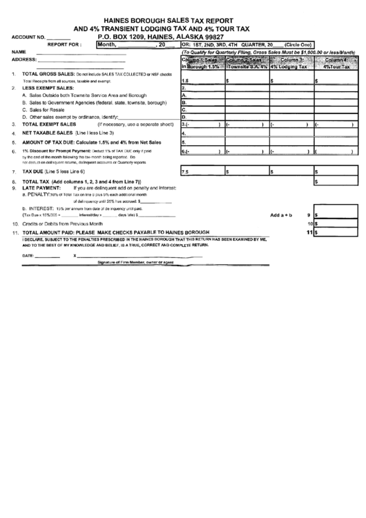 Sales Tax Report And 4% Transient Lodging Tax And 4% Tour Tax - Haines Borough Printable pdf