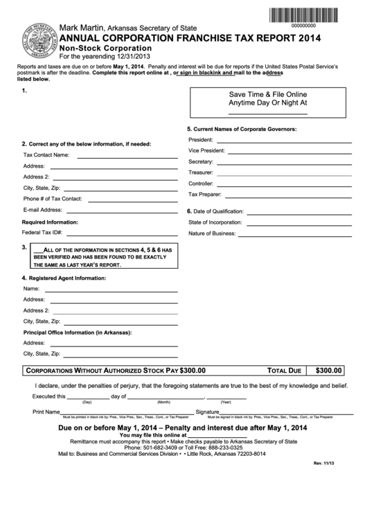 Annual Corporation Franchise Tax Report Non-Stock Corporation - Arkansas Secretary Of State - 2014 Printable pdf
